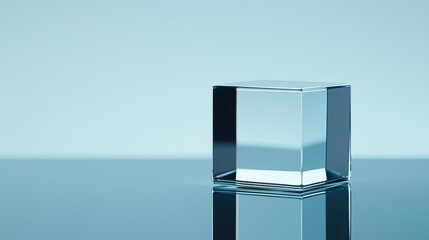 Poster - Minimal symmetry idea. A glass cube reflecting light in a minimalistic, elegant setting on a smooth surface.