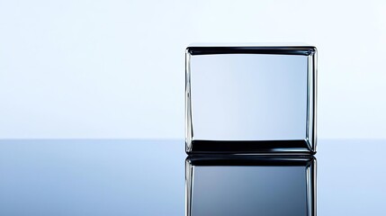 Poster - Minimal symmetry idea. A clear glass cube on a reflective surface, showcasing modern design aesthetics.