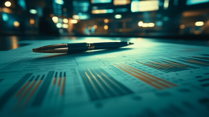Poster - The Pen is Mightier: A gleaming pen rests on a stack of charts and graphs in a dimly lit office, suggesting the power of thought, analysis, and strategic planning.  