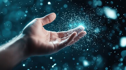 Poster - A hand reaching out to touch a glowing network node, signifying human interaction with technology, digital communication, and the ever expanding digital world.