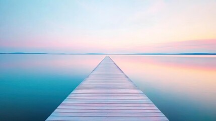 Poster - Minimal symmetry idea. Serene wooden dock stretching into tranquil waters under a colorful sky.