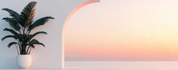 Poster - Symmetry gradient concept. Modern interior with a potted plant and serene sunset view through an archway.
