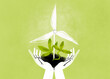 © Westend61 - Illustration of hands holding a plant with a wind turbine symbolizing green energy and innovation