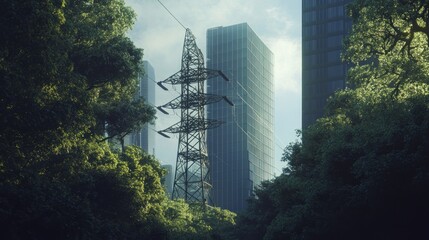 Poster - Lush green trees frame a tall electricity pylon and modern city buildings in the background, sunlight filtering through the leaves.