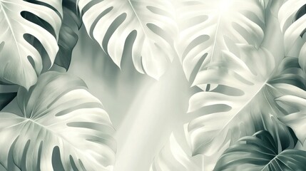 Poster - Lush, monochromatic monstera deliciosa leaves with light illuminating from behind, creating a serene and elegant background.