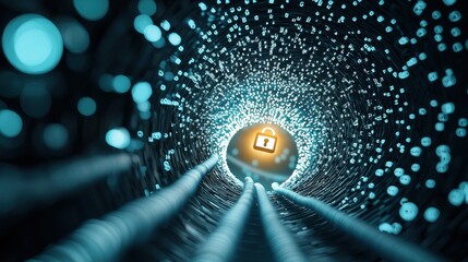 Poster - a dark background with a glowing padlock at the center, surrounded by binary code and data packets t