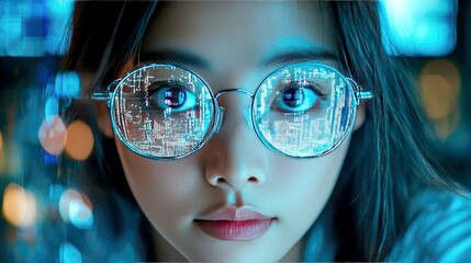 Poster - Woman in futuristic glasses with digital code reflection. Cyberpunk style portrait, showcasing innovation and technology. A captivating vision of the future.