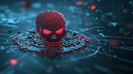 Poster - a red skull icon with glowing eyes superimposed on a computer screen, representing a dangerous compu