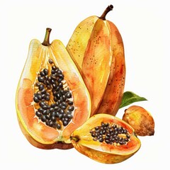 Wall Mural - Watercolor painting showcasing a whole papaya, a half papaya, a slice of papaya, and a leaf, capturing the vibrant colors and textures of the fruit