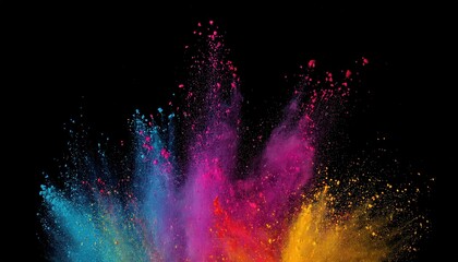 Poster - vibrant explosion of multicolored powder in motion on a black background banner, perfect for creative projects and abstract designs