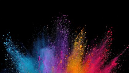 Poster - vibrant explosion of multicolored powder in motion on a black background banner, perfect for creative projects and abstract designs