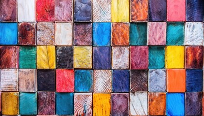 Aufkleber - vividly colored textured wooden blocks in a symmetrical pattern for artistic background, interior design, crafts, or banner decor inspiration