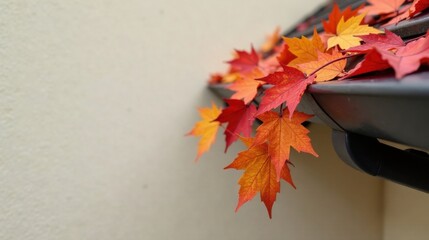 Canvas Print - Autumnal foliage cascading down a building's gutter, vibrant red and orange leaves against a pale wall