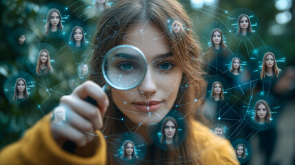 Poster - Social Network Analysis: A young woman uses a magnifying glass to examine a network of faces, exploring connections and relationships in a digital world.  The image symbolizes online community.
