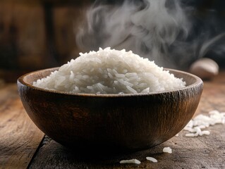 Wall Mural - Bowl of cooked rice. Featuring steaming hot white rice. Highlighting the simplicity and comfort of a staple food. Ideal for meal preparation visuals.