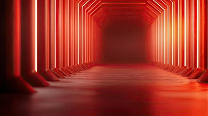 Poster - Blurred abstract background idea. Futuristic corridor illuminated with vibrant red lights, creating a mysterious atmosphere.