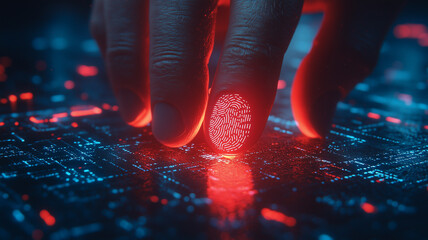 Poster - Biometric Authentication: A close-up image of a finger scanning a futuristic biometric security system, evoking themes of advanced technology, identity, and access control.