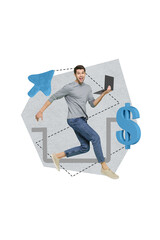 Poster - Vertical collage image of excited positive guy use netbook run arrow pointer cursor isolated on creative painted background