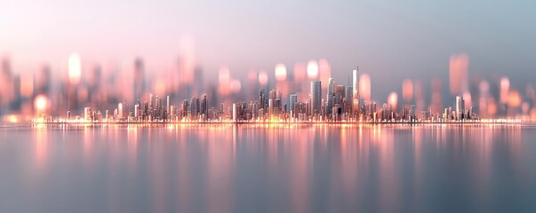 Poster - Blurred abstract background idea. A dreamy skyline reflecting in calm water, showcasing urban lights and serene atmosphere.