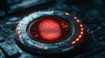 Poster - Biometric Fingerprint Scanner: Futuristic close-up of a red glowing fingerprint scan, embedded within a high-tech, dark metallic circular device.  The image evokes themes of security, technology.