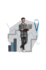 Poster - Vertical collage image of positive corporate guy use netbook growing stats charts first place champion medal isolated on white background