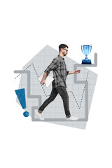 Poster - Vertical collage picture of confident guy hold netbook walking champion award trophy exclamation mark isolated on white background