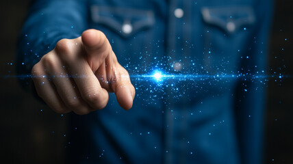 Poster - Focused Finger: A single finger points toward a brilliant burst of blue energy, a powerful image symbolizing ambition, technology, and the pursuit of innovation.  