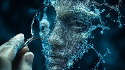 Poster - Under the Lens: A digital portrait of a face fragmented into particles is viewed through a magnifying glass, suggesting a deep dive into the complexities and details of the human psyche.  