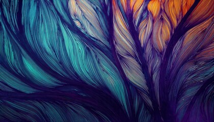 Poster - abstract macro detail of vibrant flowing fibers with teal, orange, and purple gradients, suitable for modern artistic background