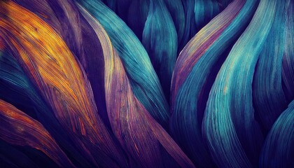 Poster - abstract macro detail of vibrant flowing fibers with teal, orange, and purple gradients, suitable for modern artistic background