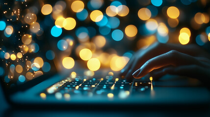 Poster - Nighttime Laptop Work: Close-up shot of hands typing on a laptop keyboard, illuminated by a warm, bokeh-filled background of fairy lights, suggesting late-night work or creative pursuits.