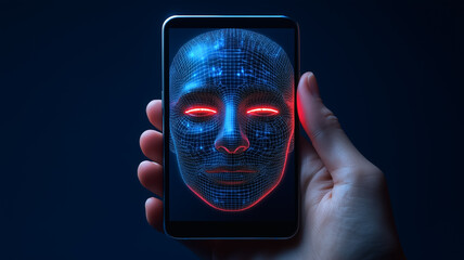 Poster - Digital Face Recognition: A hand holds a smartphone displaying a futuristic, glowing digital face, representing the concept of facial recognition technology.