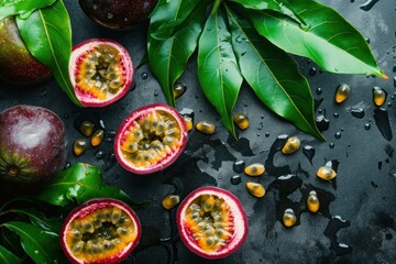 Poster - Ripe passion fruits, whole and halved, showcasing their vibrant seeds and pulp, lie on a dark surface adorned with water droplets and lush green leaves