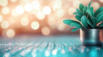Poster - Blurred abstract background idea. A vibrant potted plant with blurred bokeh lights in the background, creating a serene ambiance.