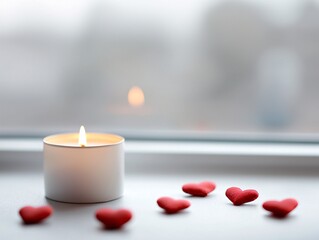 Poster - a serene scene with a window view showing a lit candle on the windowsill and valentine's decorations