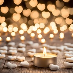 Poster - soft-focus image of a candle burning brightly with heart decorations in the foreground and a blurred