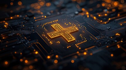 Poster - illuminated circuitry forms cross symbol, blending technology wi