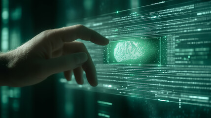 Poster - Digital Fingerprint Security: A close-up shot of a hand interacting with a digital representation of a fingerprint, signifying the concept of biometrics, cybersecurity.