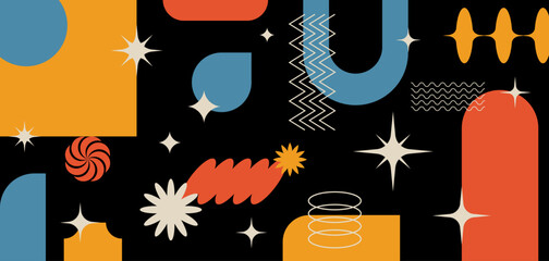Poster - Abstract geometric banner with shapes and forms. Brutal contemporary figures, stars, ovals, flowers and other graphic design elements. Swiss design aesthetic, Y2K vector illustrations.