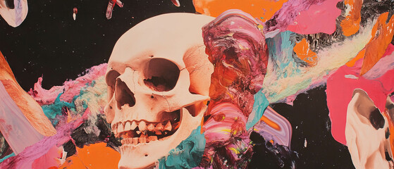 Aufkleber - Exploring the abstract interplay of time, memory, and skeletal forms in vibrant colors