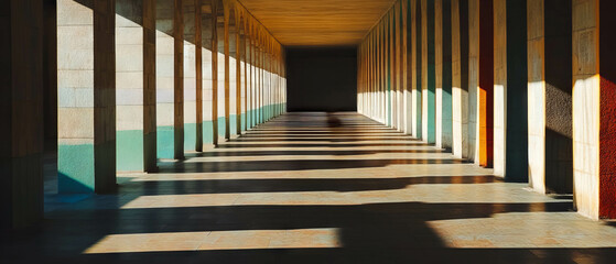 Poster - Shadows and geometric shapes create depth in an architectural corridor with dramatic lighting
