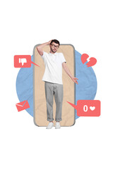 Aufkleber - Photo collage template of young funny stressed confused man touch head depressed funny blogger unpopular media isolated on grey color background