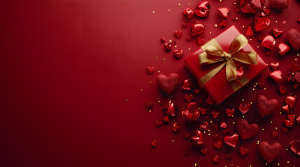 valentine's day gift banner with present box, hearts, and red background featuring empty space for custom messages, ideal for romantic or festive designs.