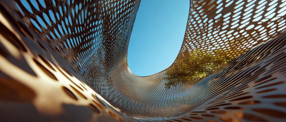 Aufkleber - Aluminum mesh displays intricate interwoven design against a clear blue sky