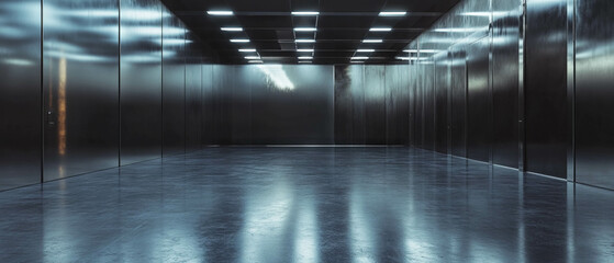 Poster - Modern minimalist interior featuring sleek aluminum panels and flat surfaces in a spacious design