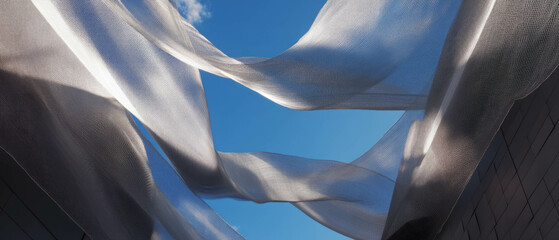 Poster - Aluminum mesh creating an airy atmosphere with interwoven wires under the blue sky