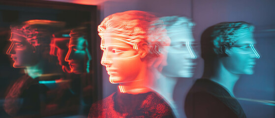 Poster - Exploring ancient busts with neon outlines in a modern artistic interpretation