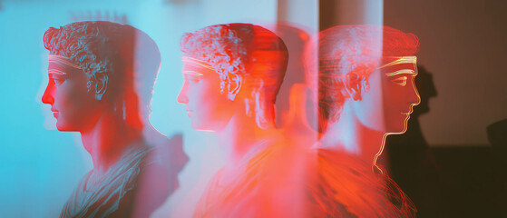 Poster - Ancient busts illuminated with neon outlines and dynamic glowing profiles in artistic display