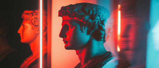 Poster - Artistic representation of ancient busts with neon outlines and glowing profiles