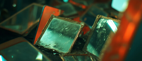 Aufkleber - Reflections of time in tarnished antique mirrors scattered on a vintage surface